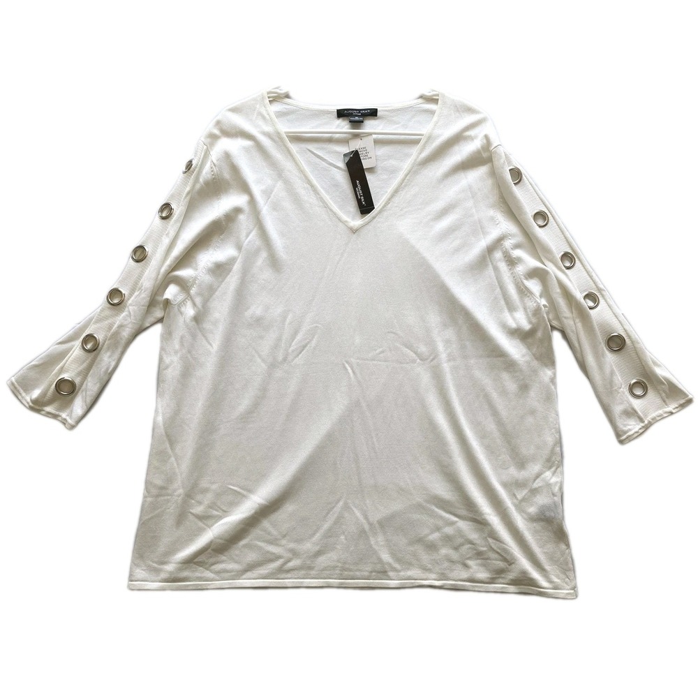 Vtg August Silk Sweater Women 3X Wht. VNeck Grommet Sleeve Lightweight Rayon NWT